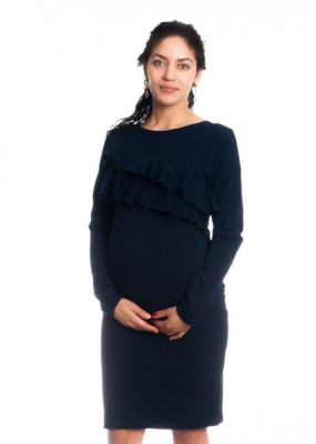 Těhotenské/kojící šaty s volánkem, dlouhý rukáv - granátové, vel. S - S (36)