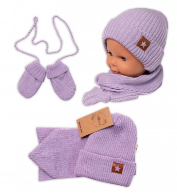 Pletená čepice s šálou a rukavičky 3v1, STAR - fialová, 68/74 - 68-74 (6-9m)
