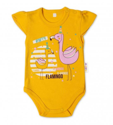 Bavlněné kojenecké body, kr. rukáv, Flamingo - hořčicové, vel. 68 - 68 (3-6m)
