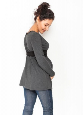 Těhotenská tunika s páskem, dlouhý rukáv Amina - grafit/pásek - černý, vel. M - M (38)