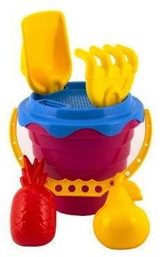 Sada na písek plast kbelík se sítkem 15x13cm, lopatka, hrabičky, 2 bábovky 4 barvy v