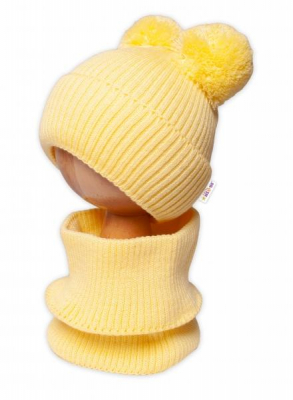 Zimní pletená čepice + nákrčník - žlutá s bambulkami - 92-98 (18-36m)