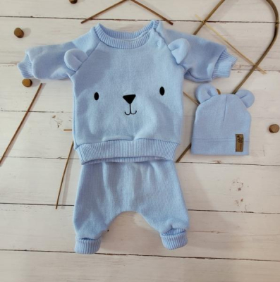 Pletená kojenecká sada 3D Medvídek, svetřík, tepláčky + čepička Kazum - modrá, vel. 80 - 80 (9-12m)