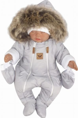 Zimní kombinéza s dvojitým zipem, kapucí a kožešinou + rukavičky, Angel - šedý - 56 (1-2m)