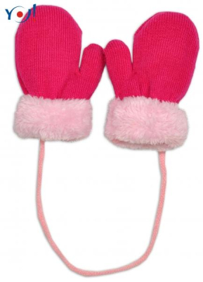 Zimní kojenecké rukavičky s kožíškem - se šňůrkou YO - malinové/růžový kožíšek - 80-92 (12-24m)