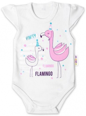 Bavlněné kojenecké body, kr. rukáv, Flamingo - bílé, vel. 74 - 74 (6-9m)