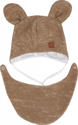 Dvouvrstvá pletená čepice na zavazování s šátkem 2v1, Méďa - hnědá, vel. 74 - 74 (6-9m)