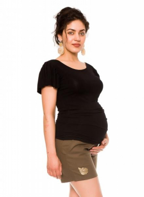 Těhotenské lněné kraťasy s růžičkou, khaki, vel. - L - L (40)