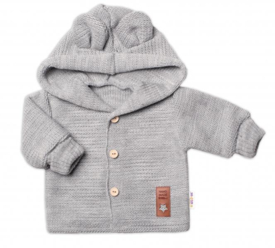 Dětský elegantní pletený svetřík s knoflíčky a kapucí s oušky - šedý - 56 (1-2m)