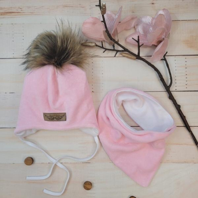 Zimní dvouvrstvá čepice na zavazování s bambulí z kožešinky + šátek - růžová, vel.68/74 - 68-74 (6-9m)
