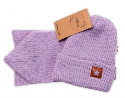 Pletená čepice s šálou a rukavičky 3v1, STAR - fialová - 56-62 (0-3m)