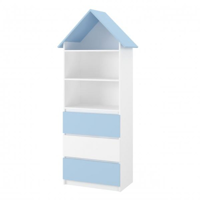 Dřevěná knihovna/skříň na hračky Domeček A3, bílá/modrá