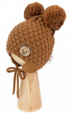 Zimní pletená čepice Teddy Bear na zavazování, hnědá - - 56-68 (0-6 m)