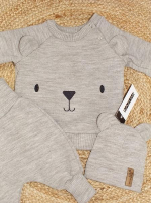 Pletená kojenecká sada 3D Medvídek, svetřík, tepláčky + čepička Kazum - béžová - 56 (1-2m)