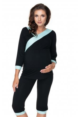 Těhotenské, kojící pyžamo 3/4 - černé, zelené - lemování, vel. L/XL - L/XL