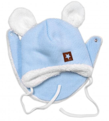 Pletená zimní čepice s kožíškem a šátkem Star - modrá, vel. 68/74 - 68-74 (6-9m)