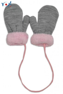 Zimní kojenecké rukavičky s kožíškem - se šňůrkou YO - šedé/růžový - kožíšek - 80-92 (12-24m)