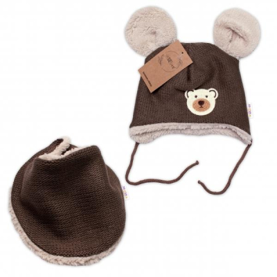 Pletená zimní čepice s kožíškem a šátkem Teddy Bear, - hnědá, vel. 80/86 - 80-86 (12-18m)