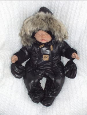 Zimní kombinéza s dvojitým zipem, kapucí a kožešinou + rukavičky - Angel, černý, vel.74 - 74 (6-9m)