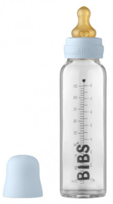 Skleněná antikoliková lahvička BIBS - 225 ml s kaučukovou savičkou vel. S, modrá