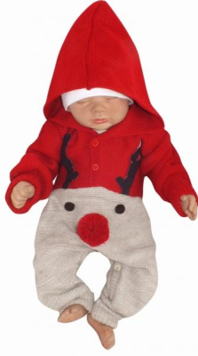 Dětský pletený Vánoční overálek s kapucí a knoflíčky Baby Sob - červený, vel. 68 - 68 (3-6m)