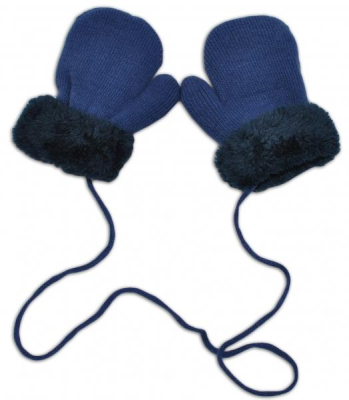 Zimní kojenecké rukavičky s kožíškem - se šňůrkou - YO - jeans/granátový kožíšek - 80-92 (12-24m)