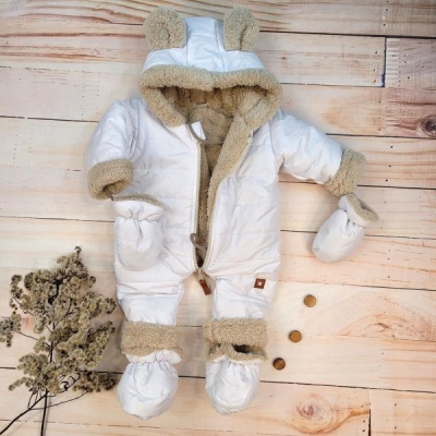 Zimní prošívaná kombinéza s kožíškem a kapucí + rukavičky + botičky, - bílá - 56 (1-2m)