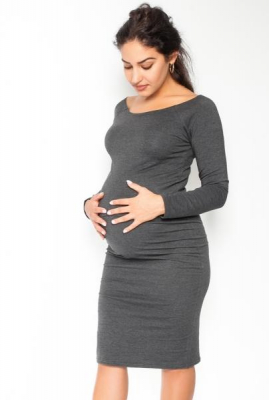 Pohodlné těhotenské šaty, dlouhý rukáv - grafitové, vel. - L - L (40)