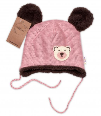 Pletená zimní čepice s kožíškem a šátkem Teddy Bear, - růžová, vel. 80/86 - 80-86 (12-18m)
