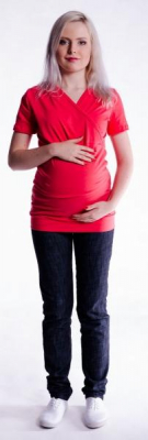 Těhotenské a kojící triko s kapucí, kr. rukáv - červené - L/XL