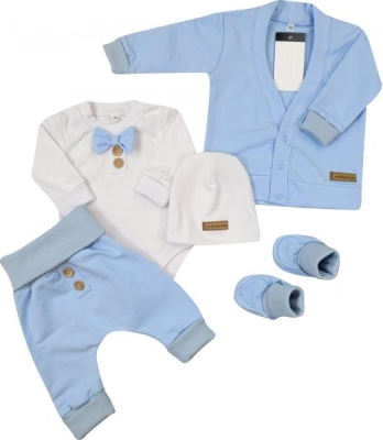 Bavlněná sada, body, kalhoty, motýlek a čepice Elegant Boy 5D, Kazum - modrá/bílá, vel. 62 - 62 (2-3m)