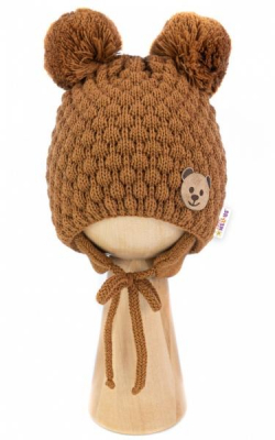 Zimní pletená čepice Teddy Bear na zavazování, hnědá - 68/80, (6-12m), - 68-80 (6-12m)