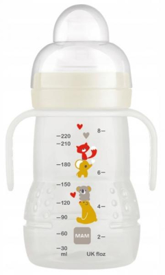 Plastová lahvička MAM Trainer s úchyty, Zvířátka, 220 ml, smetanová