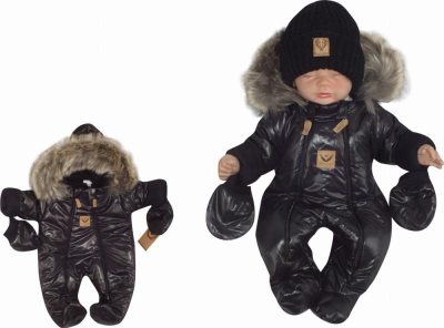 Zimní kombinéza s dvojitým zipem, kapucí a kožešinou + rukavičky - Angel, černý, vel.62 - 62 (2-3m)