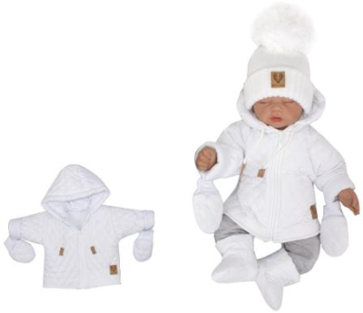 Zimní prošívaná bundička s kapucí + rukavičky - bílá, vel. 80 - 80 (9-12m)