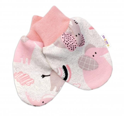 Bavlněné kojenecké rukavičky Sloníci - růžový lem - 56-62 (0-3m)
