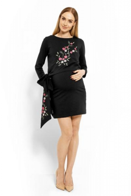 Elegantní těhotenské šaty, tunika s výšivkou a stuhou - černé, XXL (kojící) - XXL (44)