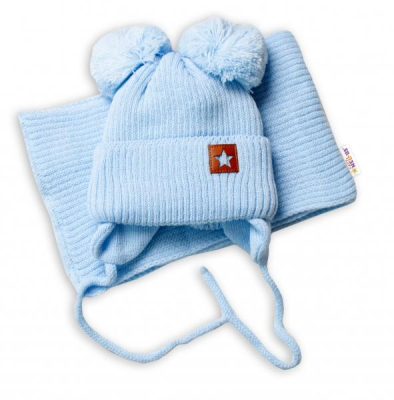 Dětská zimní čepice s šálou STAR - modrá s bambulkami - vel. 68/80, - 68-80 (6-12m)