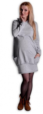 Sportovní těhotenské šaty s kapucí - šedý melírek - L/XL