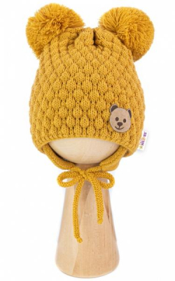 Zimní pletená čepice Teddy Bear na zavazování, hořčicová - - 56-68 (0-6 m)