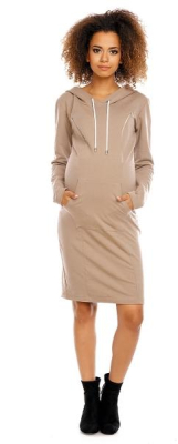 Těhotenské a kojící šaty s kapucí, dl. rukáv - cappuccino, vel. L - L (40)