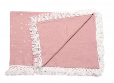 Luxusní jednovrstvá mušelínová deka Stars s třásněmi, 70 x 100 cm,pudrová