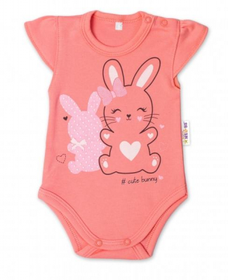 Bavlněné kojenecké body, kr. rukáv, Cute Bunny - lososové - 56 (1-2m)