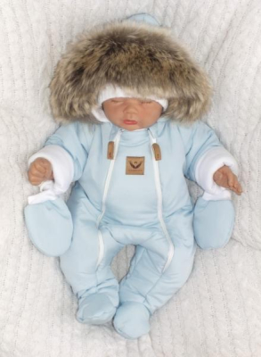 Zimní kombinéza s dvojitým zipem, kapucí a kožešinou + rukavičky, Angel - modrý, 68 - 68 (3-6m)