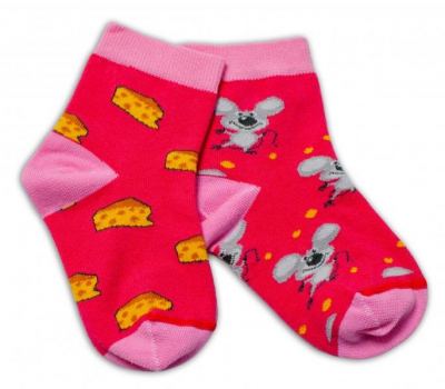 Bavlněné veselé ponožky Myška a sýr - tmavě - růžová, vel. 104/116 - 104-116 (4-6r)