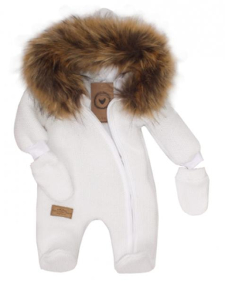 Zimní kombinéza s kapucí a kožešinou + rukavičky - bílá, vel. 62 - 62 (2-3m)