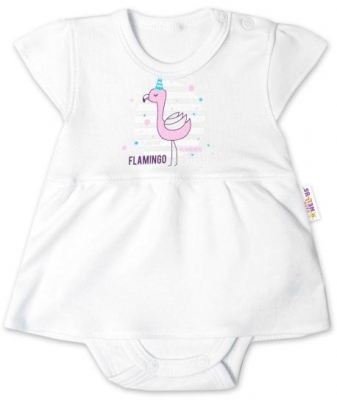 Bavlněné kojenecké sukničkobody, kr. rukáv, Flamingo - bílé, vel. 74 - 74 (6-9m)