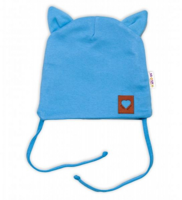 Bavlněná dvouvrstvá čepice s oušky na zavazování FOX - modrá, vel. - 68/74 - 68-74 (6-9m)