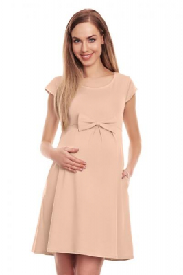 Elegantní volné těhotenské šaty s mašlí, kl. rukáv - béžové - S/M