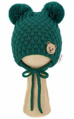 Zimní pletená čepice Teddy Bear na zavazování, zelená - 68/80, (6-12m), - 68-80 (6-12m)